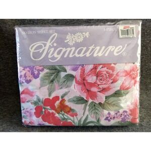 Signature Twin Sheet Set 3Pc Garden Party Floral Red Pink Purple No Iron NEW NOS